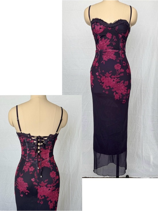 Vintage Dresses & Skirts - Maxi Corset Dark Purple / Wine Red Floral Lace-Up Bustier Dress